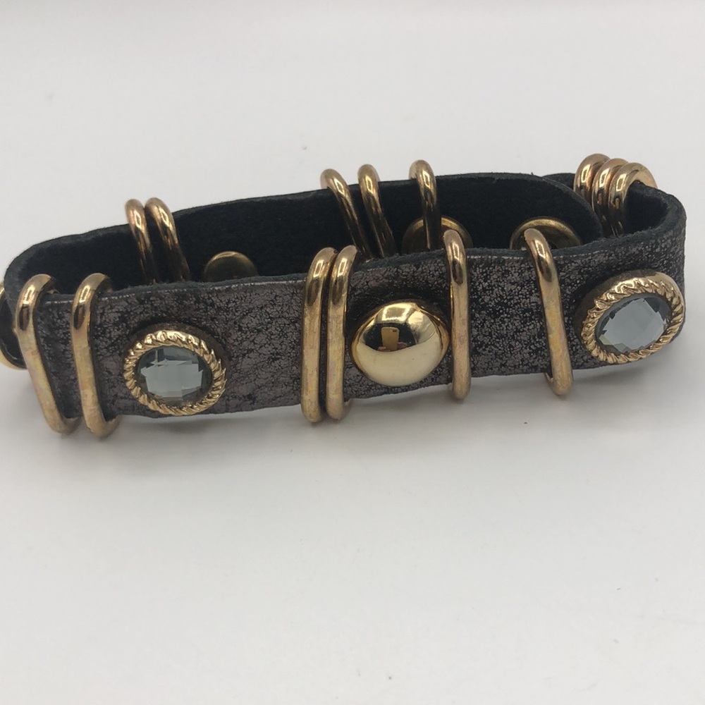 King Star Champagne Leather Clear Crystal Studs Gold Tone Snap Wrap Bracelet